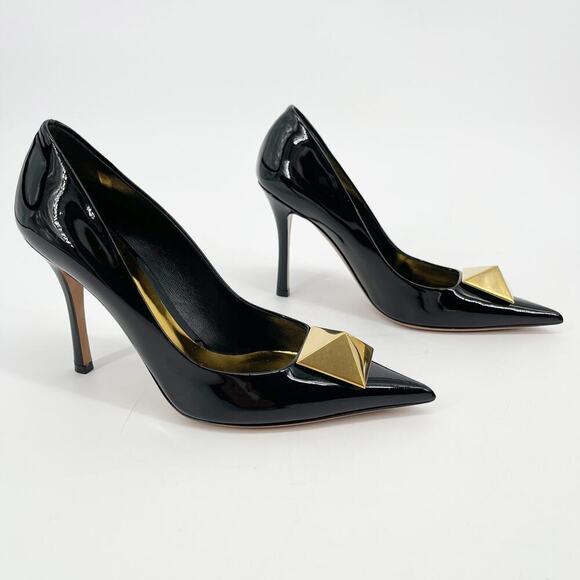 Valentino Garavani Black Patent Leather One Stud Pointed Toe Pump Heel EU 37 - Picture 3 of 14